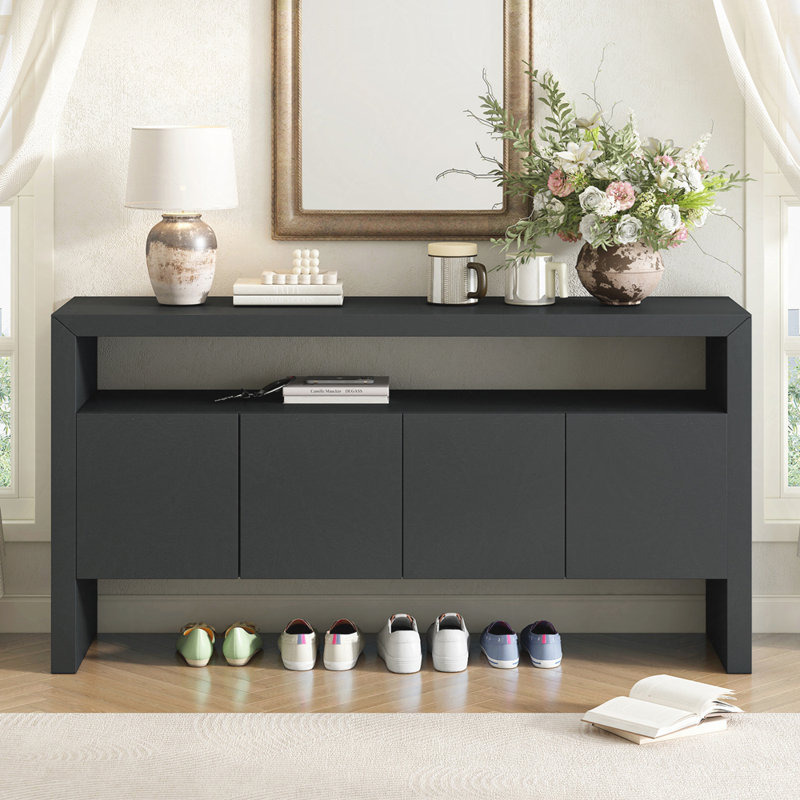 Buffet U-Style en placage de bois massif de 60 po avec portes à fermeture en douceur, rangement double, idéal pour organiser les articles essentiels dans différentes pièces U-Style, console de 60 po, minimaliste moderne, double, articles pour la maison