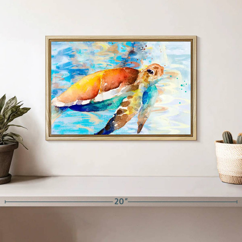 Turtle Passing Through, 13" X 9", Floating Frame Natural Wood