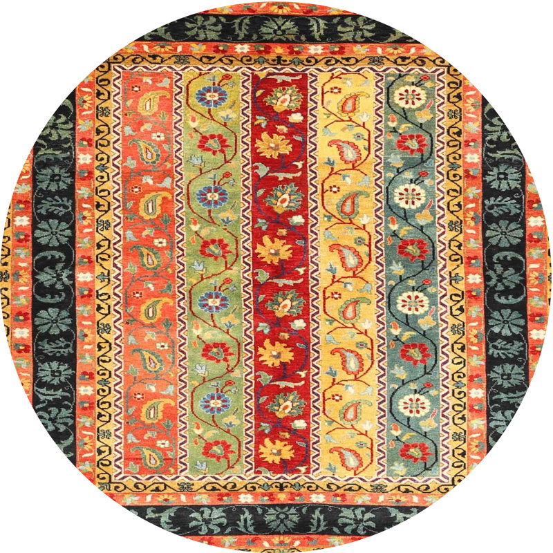 Tapis de zone rouge/noir/beige contemporaine, Rond 4 pi