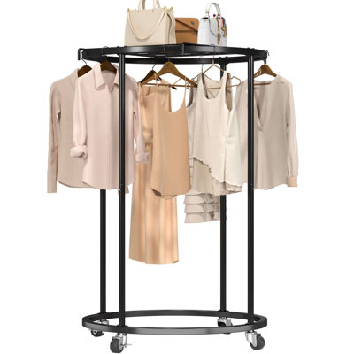 Garment Rack Rolling With Wheels And Shelf - Round Clothes Organizer, Black