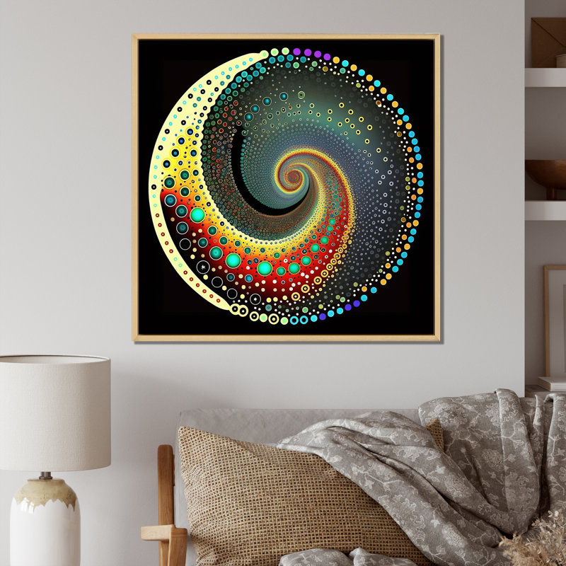 «Iridiscdent Pointillism Spiral Retro Rainbow I», reproduction sur toile, Cadre naturel flottant