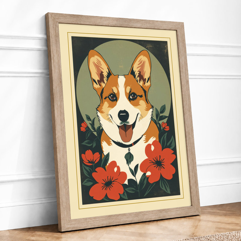 Corgi Crowned Botanical - Framed Print, A3 - 42.0 x 29.7 cm, Oak