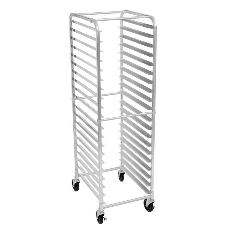 Porte-pan de 26 po x 20,25 po x 69,5 po restaurantware-Kitchen Tek, 1 porte-assiette à chargement frontal pleine hauteur, 2 roulettes verrouillables et 2 non verrouillables, porte-pan à roulettes en aluminium argenté avec roulettes, peut contenir 20 casseroles