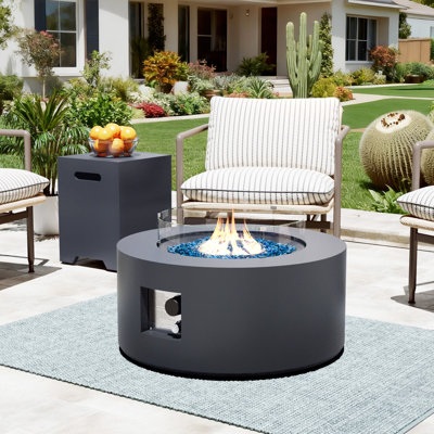 Foyer de table au propane rond en fer de 40 000 BTU avec couvercle de réservoir et pare-vent en verre gris foncé 28 po BTU