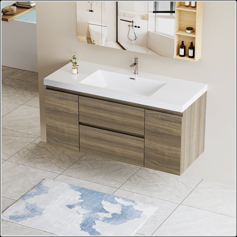 Meuble-lavabo flottant avec lavabo, meuble-lavabo mural moderne avec lavabo en résine et tiroirs à fermeture en douceur, Gris