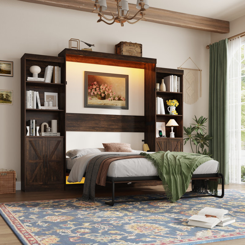 Murphy Bed With 2 Side Storage Cabinets, LED Lights, And Charging Station,  No Box Spring Needed, For Home Office, Brown