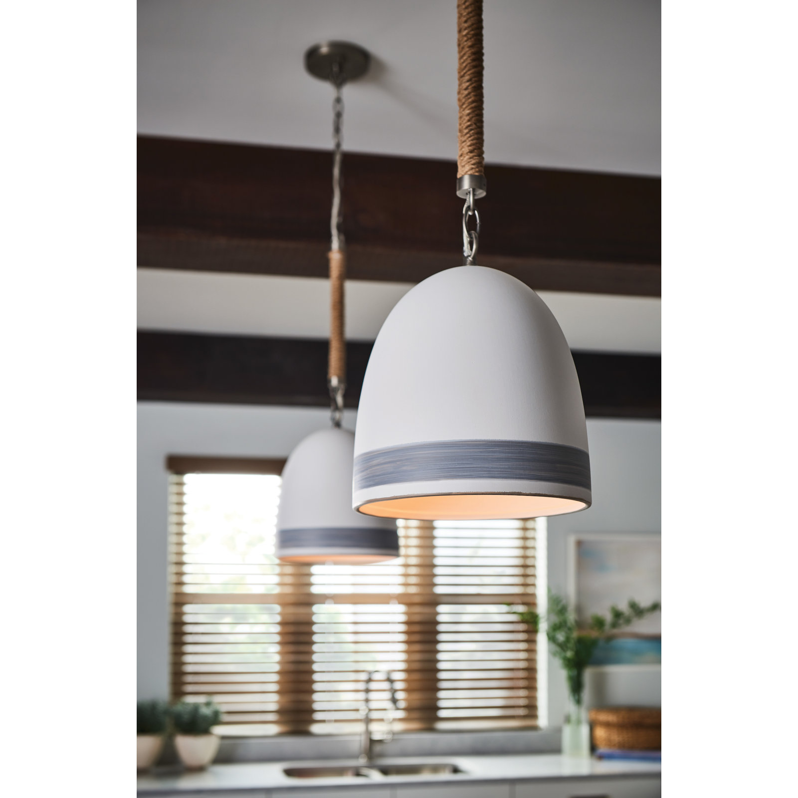 Karissa 1-Light Dimmable Sloped Ceiling Adaptable Pendant , Antique Nickel, White/Gray Stripe