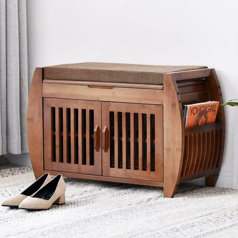 5-Pair Capacity Red-Brown Bamboo Shoe Bench with Hidden Storage