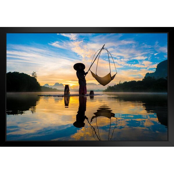 Fisherman On Raft with Fishing Nets in Asia Sky Reflecting On Lake Photo Matted Framed Art Wall Decor 26x20 Rosecliff Heights