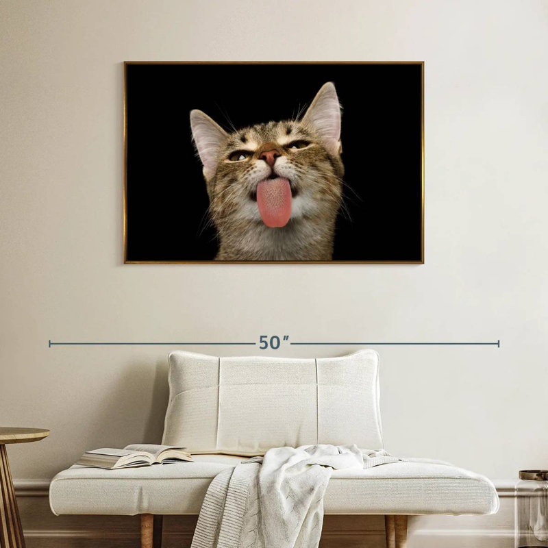 Chat amusant ludique, Cadre flottant doré, 40 po x 27 po
