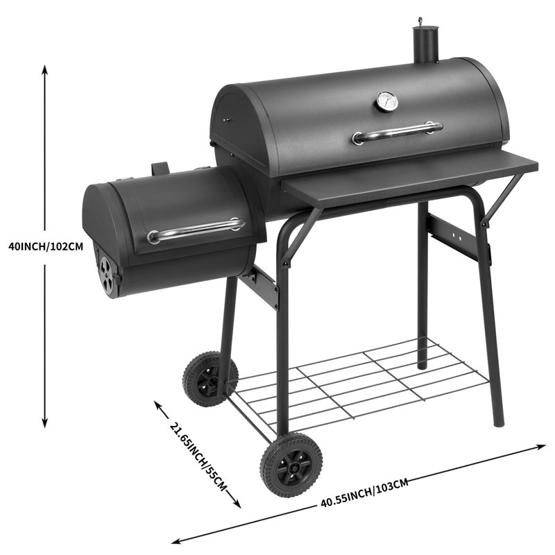 Barbecue au charbon avec fumoir décalé, barbecues avec table d'appoint, cuisine extérieure (noir)