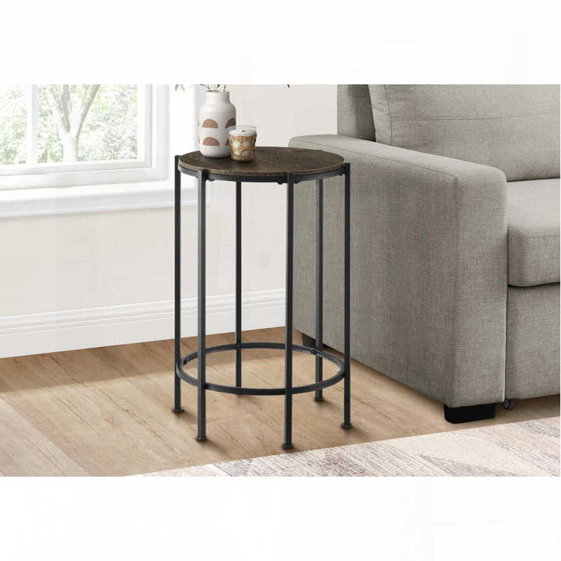Round Accent Side Table with Dark Oak Laminate and Black Metal Legs – 24"H, Dark Oak Top/Black Base