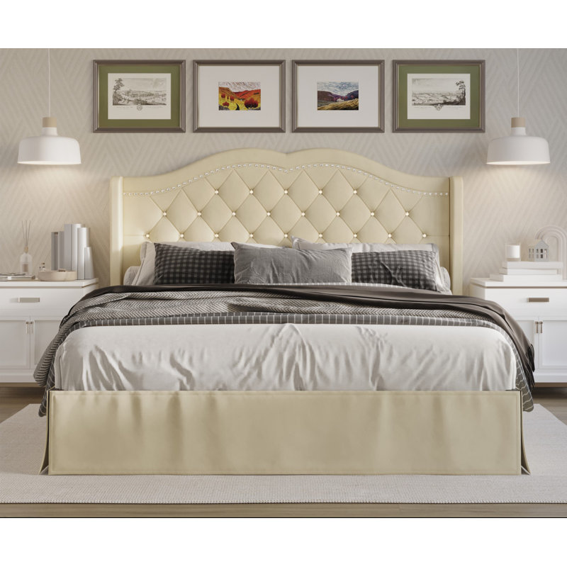 Lit plateforme tapissier simple Almanzo, Beige, Double