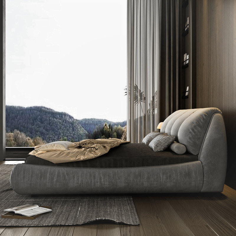 Lit de luxe tapissier grand avec revêtement anti-rayures, tissu gris et structure en bois stable, Queen, Grey