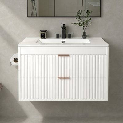 30" Fluted Floating Led Bathroom Vanity With Sink, Soft Close Drawers & Towel Holder