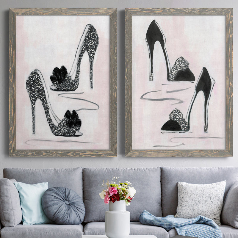 «Shoes That Dazzle I», ensemble de 2 peintures sur toile encadrées, H 31 po x l 44 po x P 1 po, Toile avec cadre gris