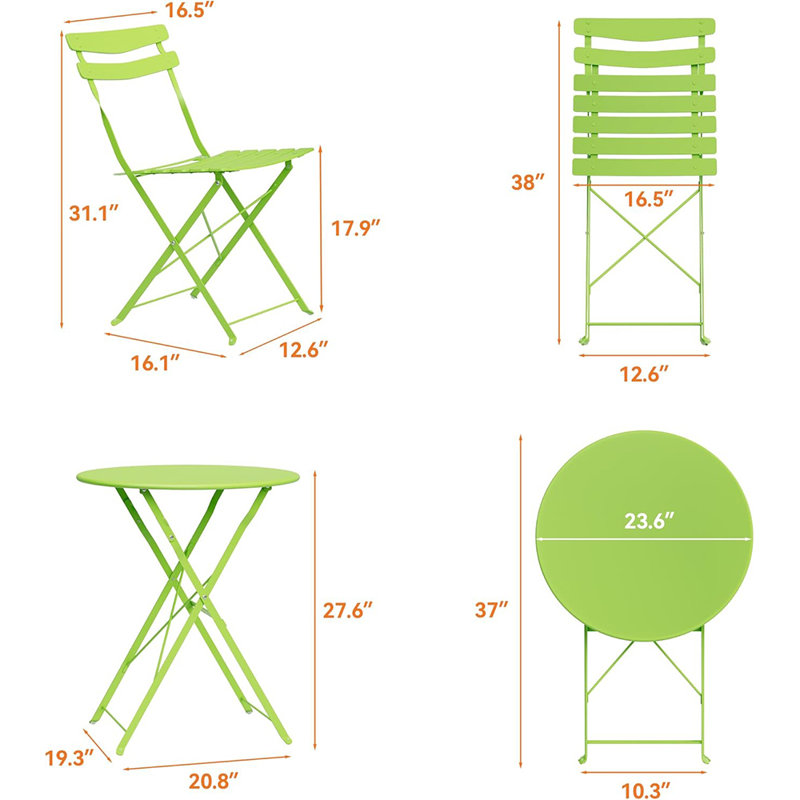 3-Piece Bistro Set with Steel Frame, Folding Table & 2 Chairs, Space-Saving Patio Furniture for Outdoor Patio, Balcony or Garden
