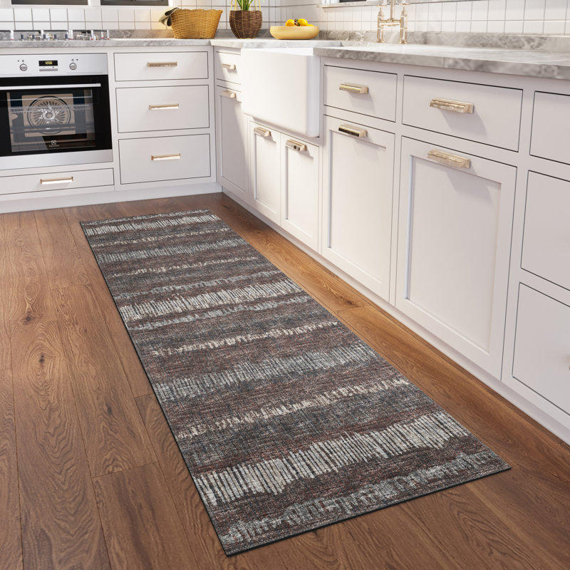 Tapis rayé tissé à la machine en brun, Tapis de couloir 2 pi 3 po x 7 pi 6 po