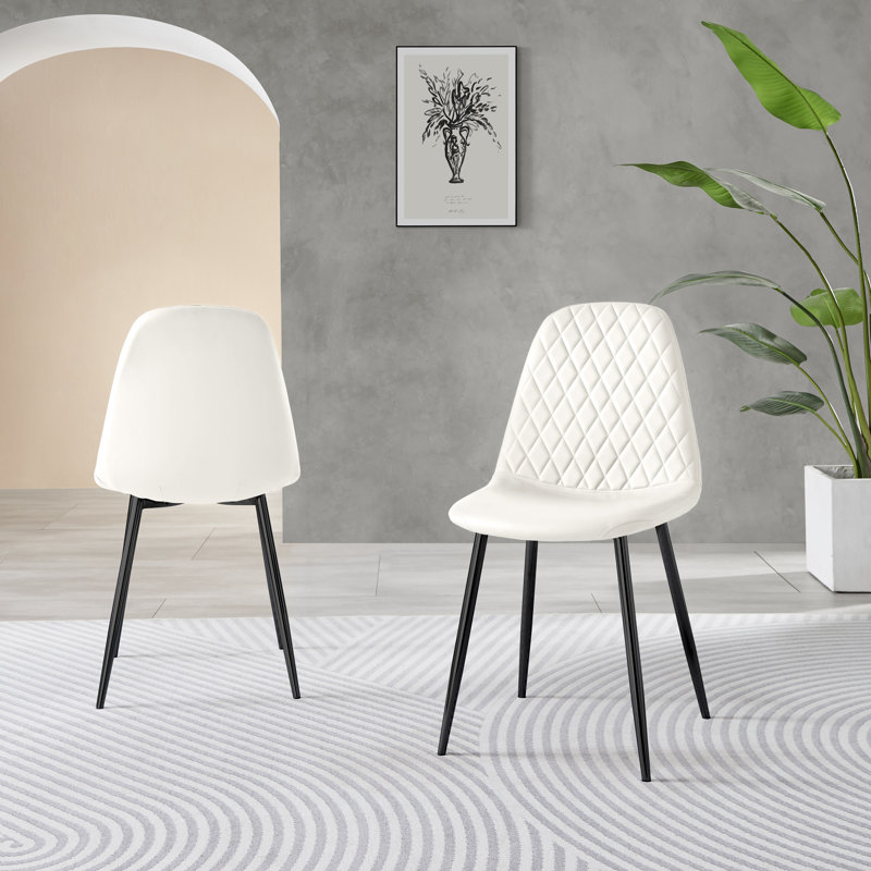 Corova Faux Leather Modern Dining Chairs with Metal Tapered Legs & Diamond Stitching, White, Black