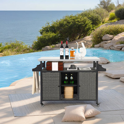Large Outdoor Wicker Bar Cart With Stainless Steel Top, Wheels, And Ample Storage For Entertaining And Organizing by Dovecove