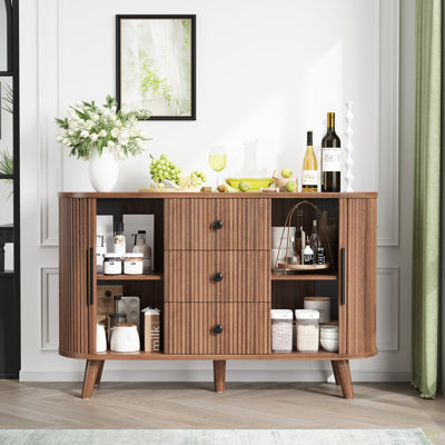 Sideboard Buffet Cabinet With 2 Sliding Tambour Doors And 3 Drawers, Storage Cabinet With Adjustable Shelves For Living Room