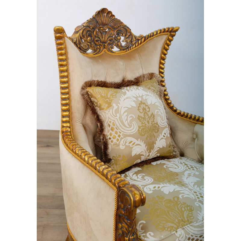 Handcrafted Beige Wood Accent Chair with Tufted Cushions