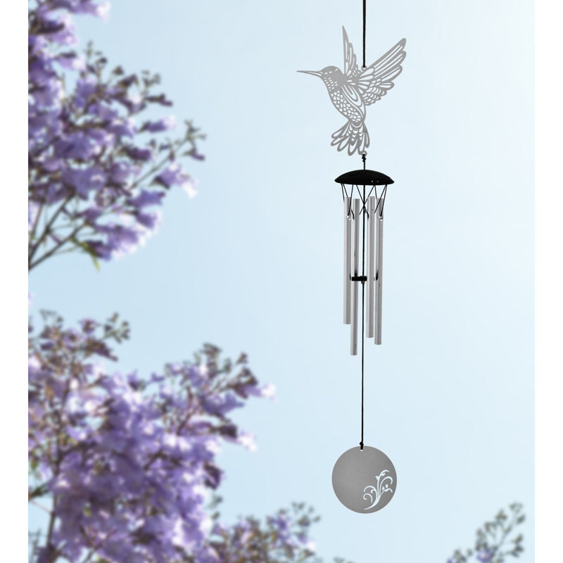 Silver Hummingbird Metal Wind Chime with Filigree Design