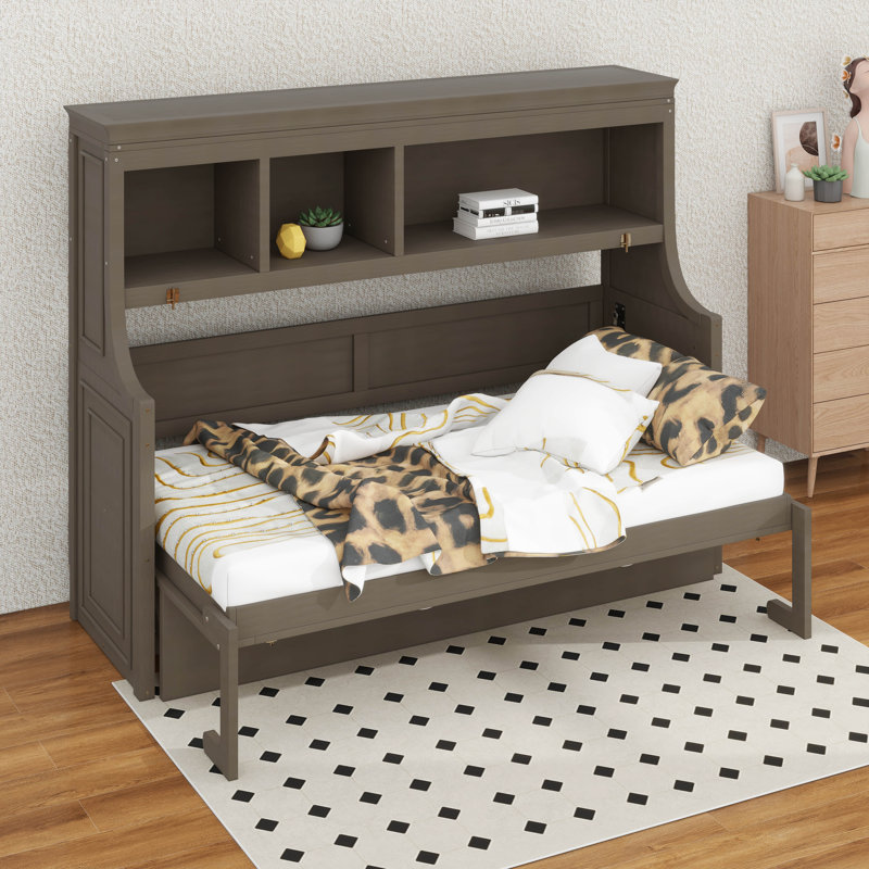 Lit escamotable simple avec bureau, cadre de lit mural en bois avec tablettes de rangement, cadre de lit armoire de ferme peu encombrant