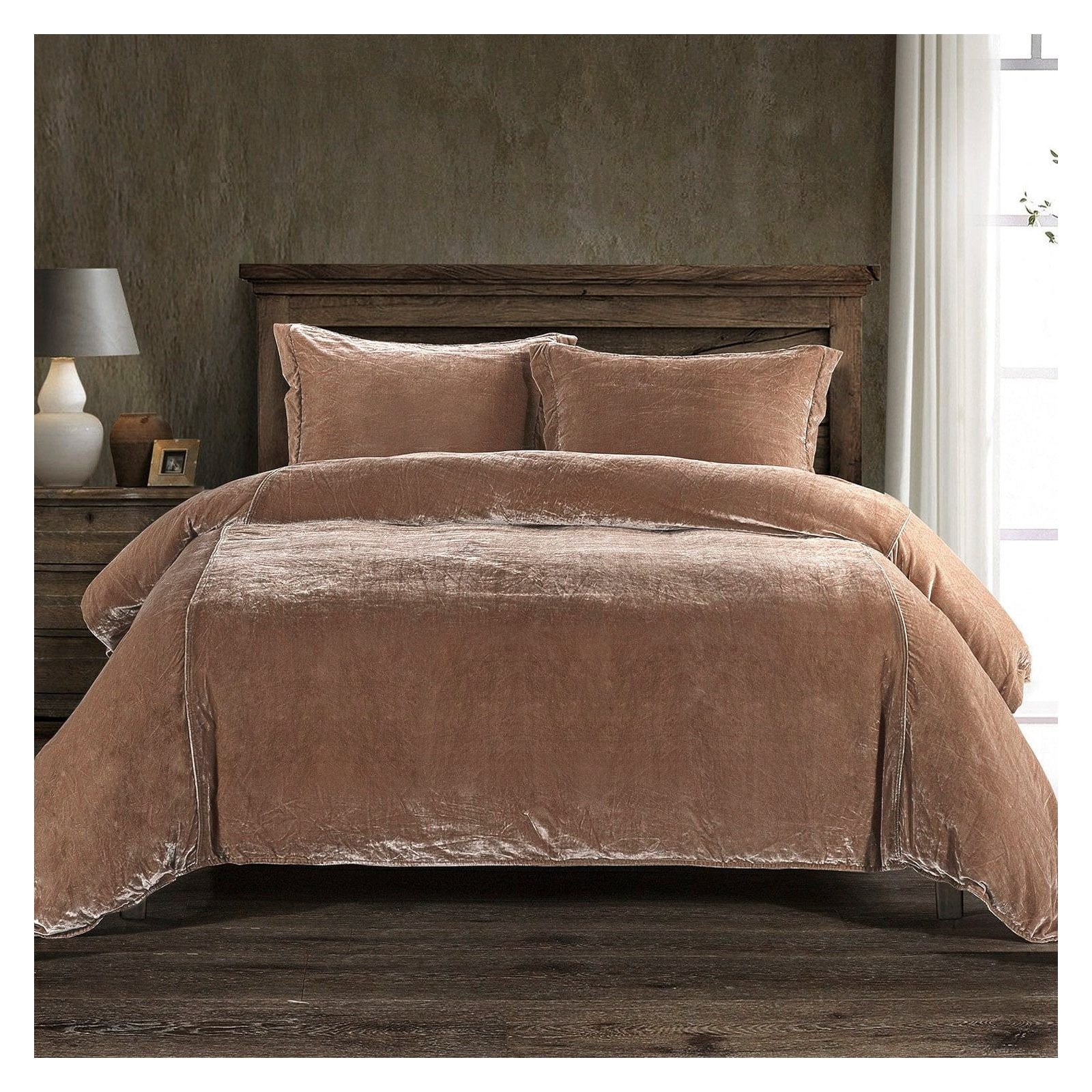 Stella Faux Silk Velvet Classic Chic Modern Rustic Romantic Western Duvet Cover Set, Queen Duvet Cover + 2 Standard Shams