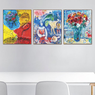 Ensemble de 3 toiles encadrées par Marc Chagall, série d'art mural n ° 29 pour décorations de bureau à domicile (cadre de couleur bois mince, 18 po x 24 po chaque pièce)