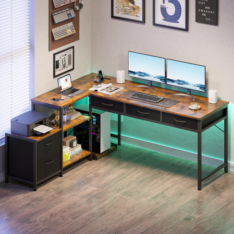 Home Office Desk With File Drawer & Power Outlet, Computer Desk With 3 Drawer, Storage Shelves, Corner Desk With Printer Cabinet