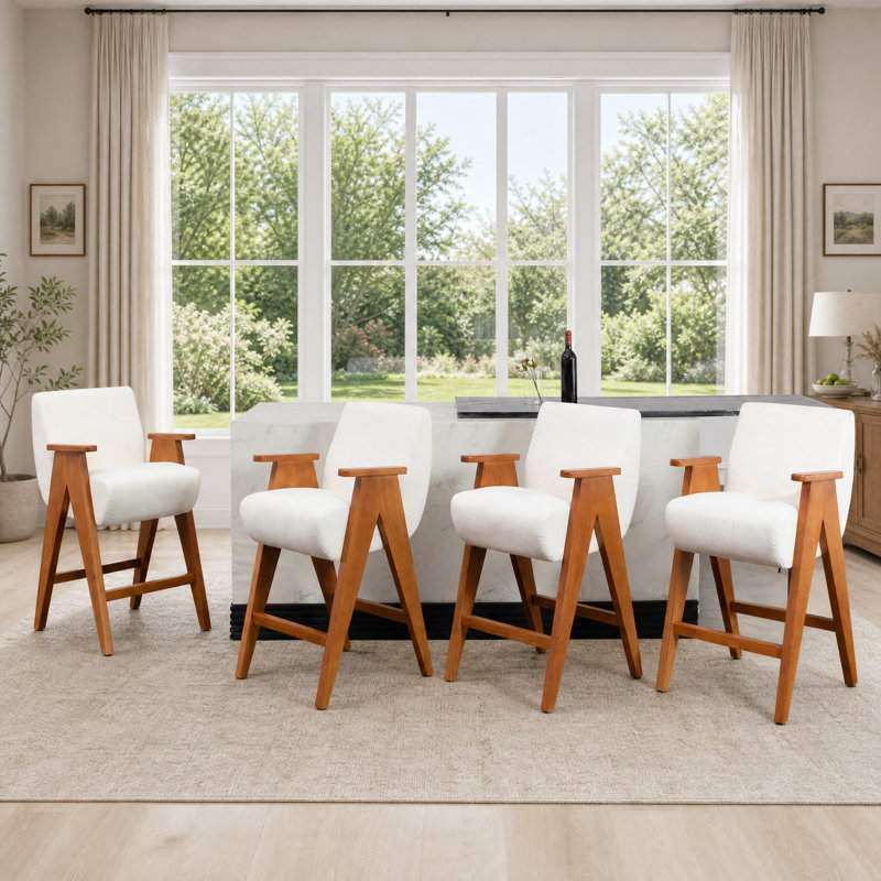 Mid-Century Upholstered Counter Bar Stool With Arms And Wooden Legs, Beige