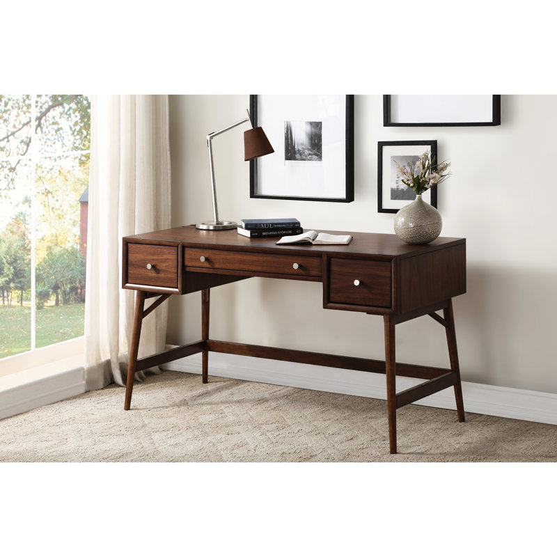 Table d'écriture à finition brune avec rangement à tiroirs et bureau moderne en nickel avec placage en noyer