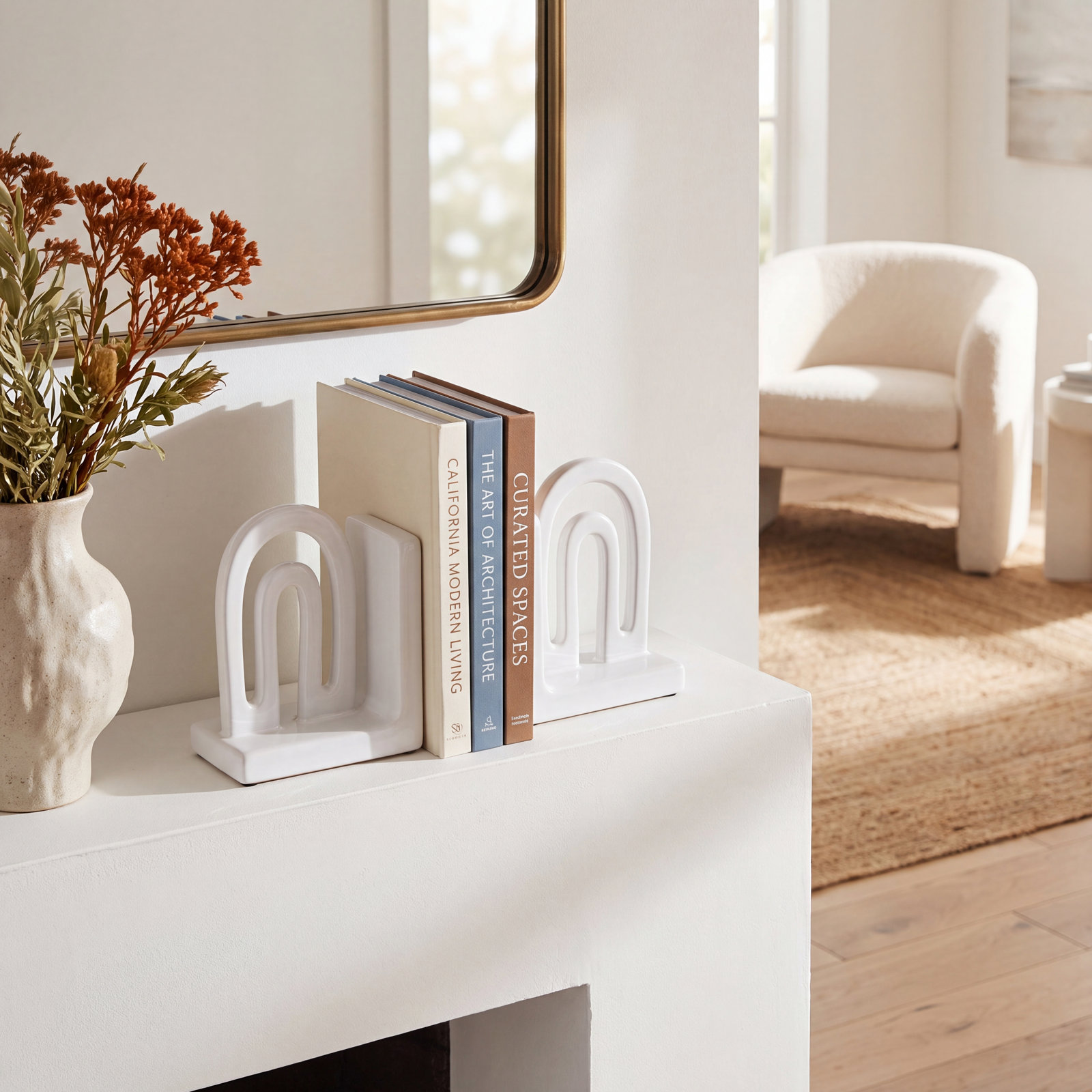 Arched Ceramic Decorative Bookends, White