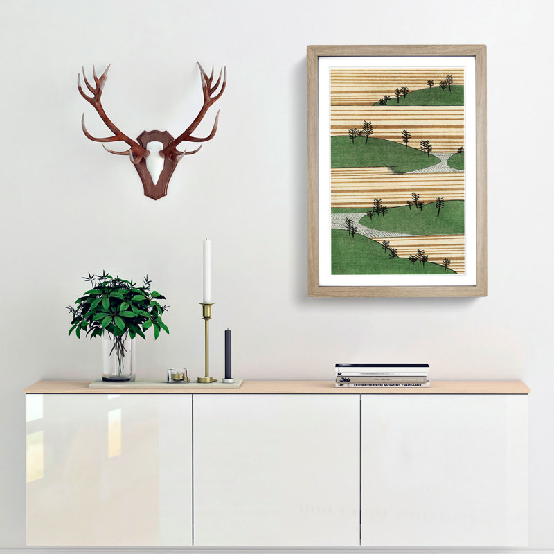 Landscape by Watanabe Seitei - Picture Frame Painting Print, 87cm H x 62cm W x 2cm D, Oak Framed