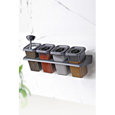 4-Piece Storage Box Set, Black, 3 Boxes (3.0 x 3.0 x 4.9 inches) & 1 Stand (4.5 x 12.6 x 1.6 inches) | 100% BPA-Free Plastic, Dishwasher-Safe | Ideal for Organizing Kitchen, Office & Home Spaces