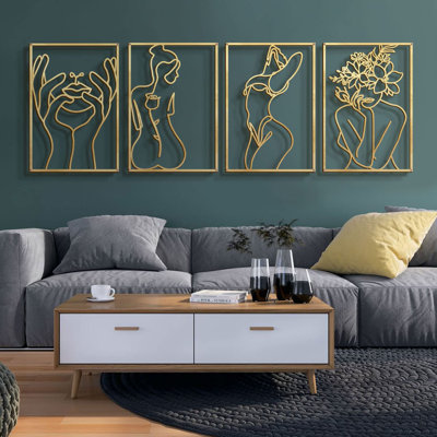 Ensemble de 4 décorations murales en or minimaliste, silhouette de femme abstraite en métal (17 po x 11,8 po)