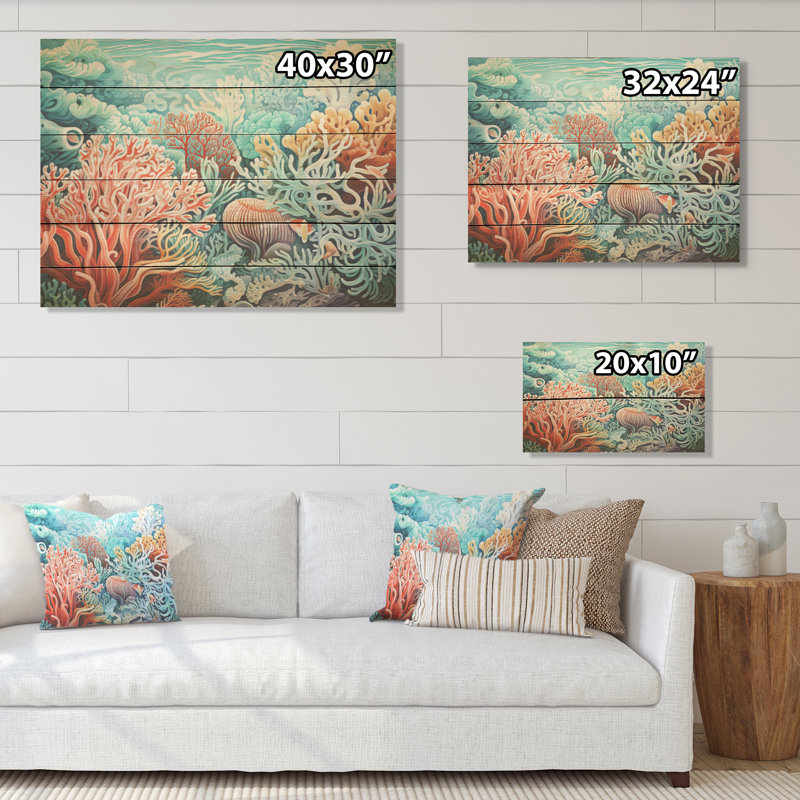 Corail gorgonacée, monde marin I - corail côtier sous l'eau, art mural sur bois de pin naturel, H 24 po x l 32 po