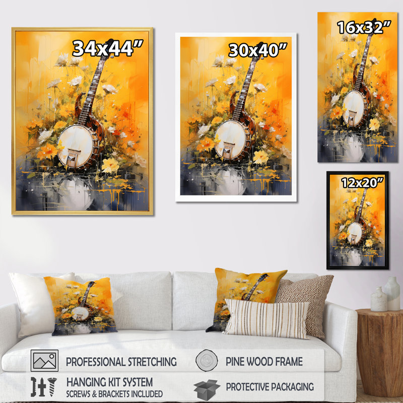 Banjo Bliss Sunny Yellow sur impression sur toile, Cadre flottant doré, H 20 po x l 12 po x P 1 po