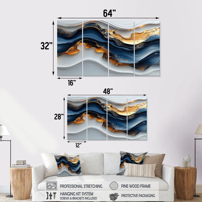 Golden Silence of Minimal arble River V - Art mural silencieux - Art mural moderne, H 28 po x l 48 po, 4