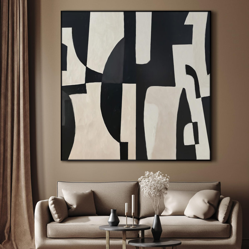Très grande reproduction d'art sur toile - Motif géométrique abstrait noir et blanc moderne pour le salon ou la chambre à coucher - «Assemblage requis du cadre (cadre non fini)»