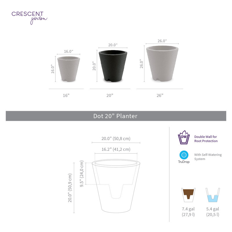 Dot Self Watering Plastic Pot Planter, Alpine White, 20" H x 20" W x 20" D