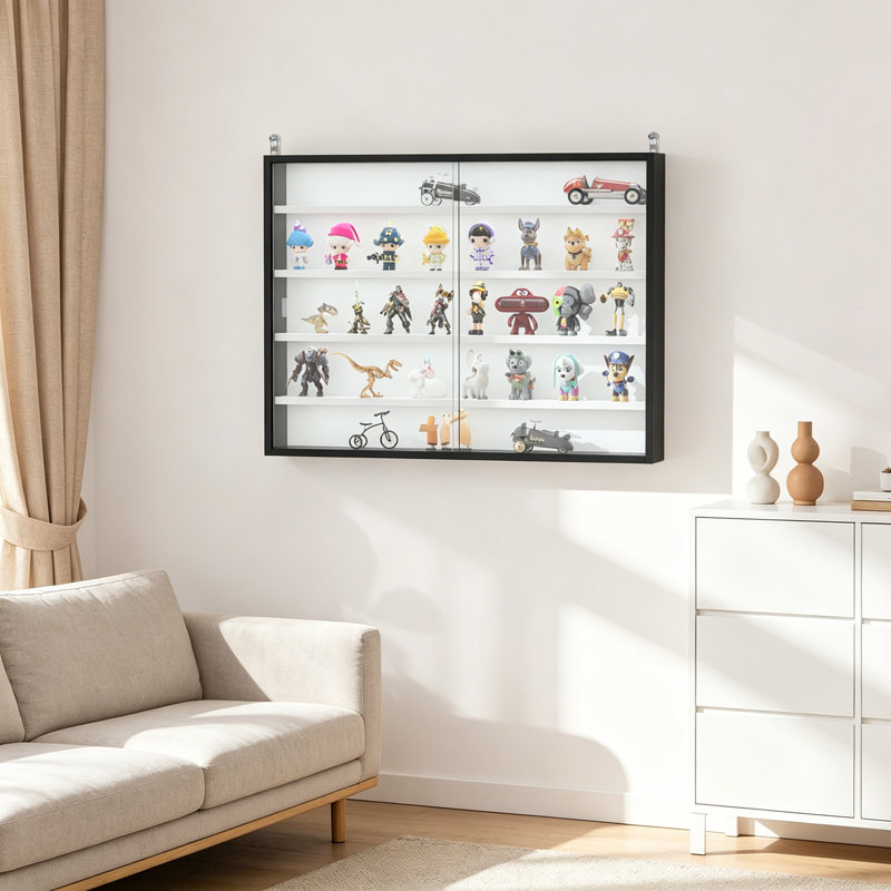 Vitrine à 5 niveaux, vitrine avec 2 portes et tablettes réglables, fixation murale, Blanc/Noir