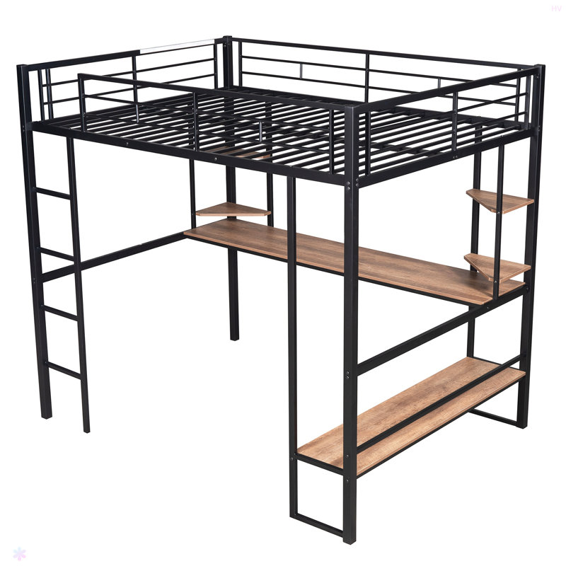 Lit Loft en métal et panneau de fibres à densité moyenne avec long bureau et tablettes