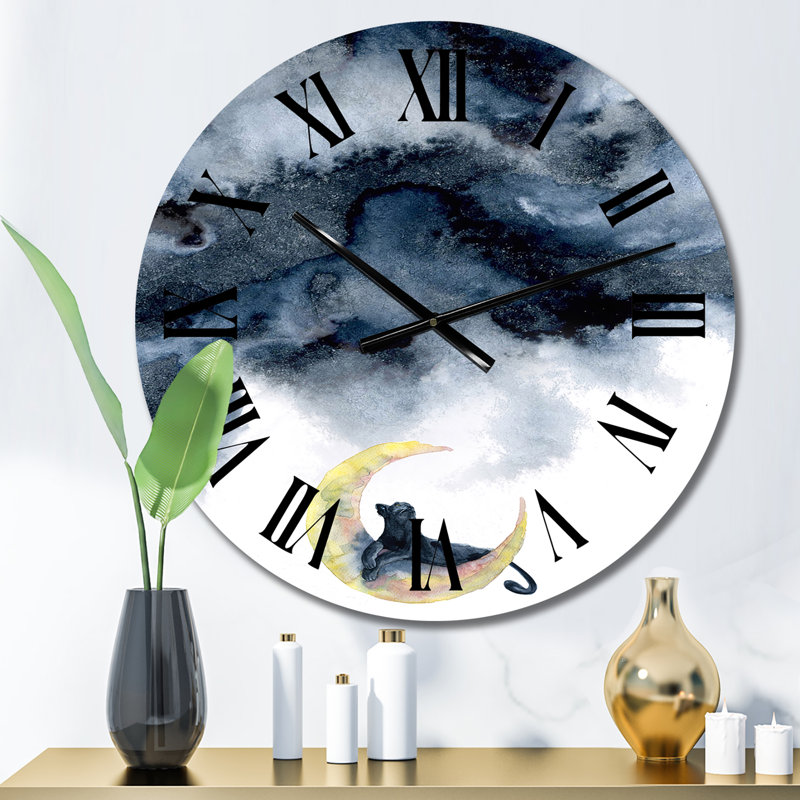 Horloge murale moderne avec panthère noire et demi-lune jaune, Petit