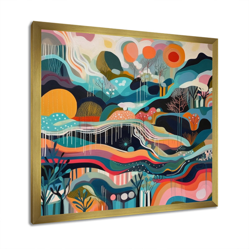 «Blue Green Minimalims Explosion - Abstract Landscape», art mural, H 16 po x l 16 po x P 1 po, Encadrement doré