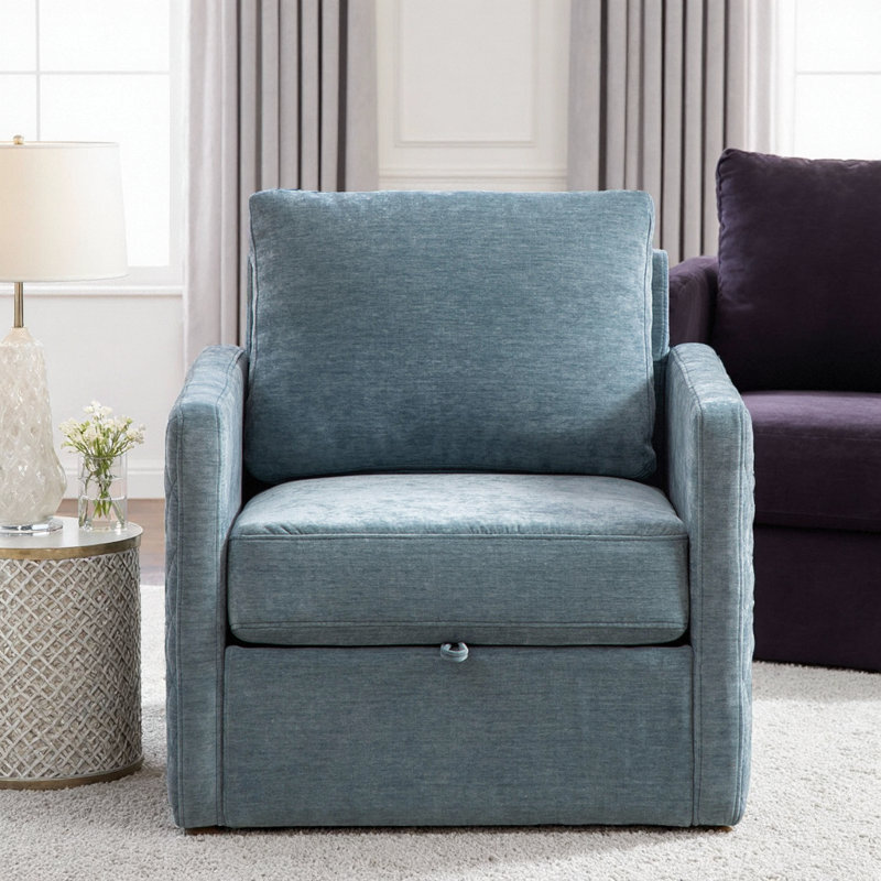 Fauteuil d'appoint pivotant en chenille de 29,5 po avec rangement caché, accoudoirs et coussin capitonnés, forme carrée, Bleu