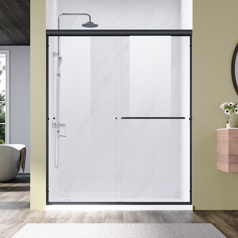  Porte de douche réversible double coulissante avec verre trempé transparent de 6 mm de largeur, l 60 po x H 72 po, Clair