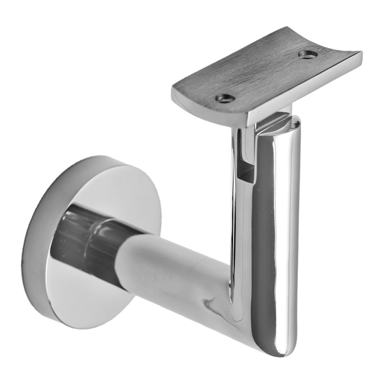 Surface Mount Handrail Bracket with Round Rose and Curved Plate, Polish Stainless Steel