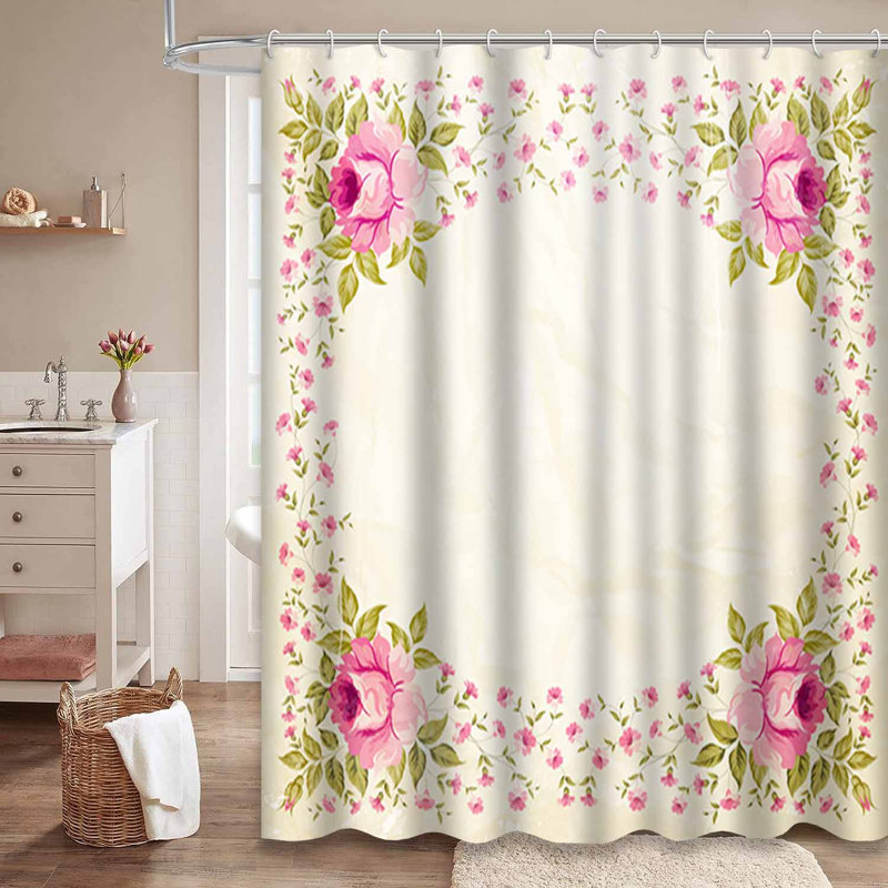 Rideau de douche imperméable à motif floral blanc rétro avec 12 crochets RoseNoir, L 72 po x l 84 po
